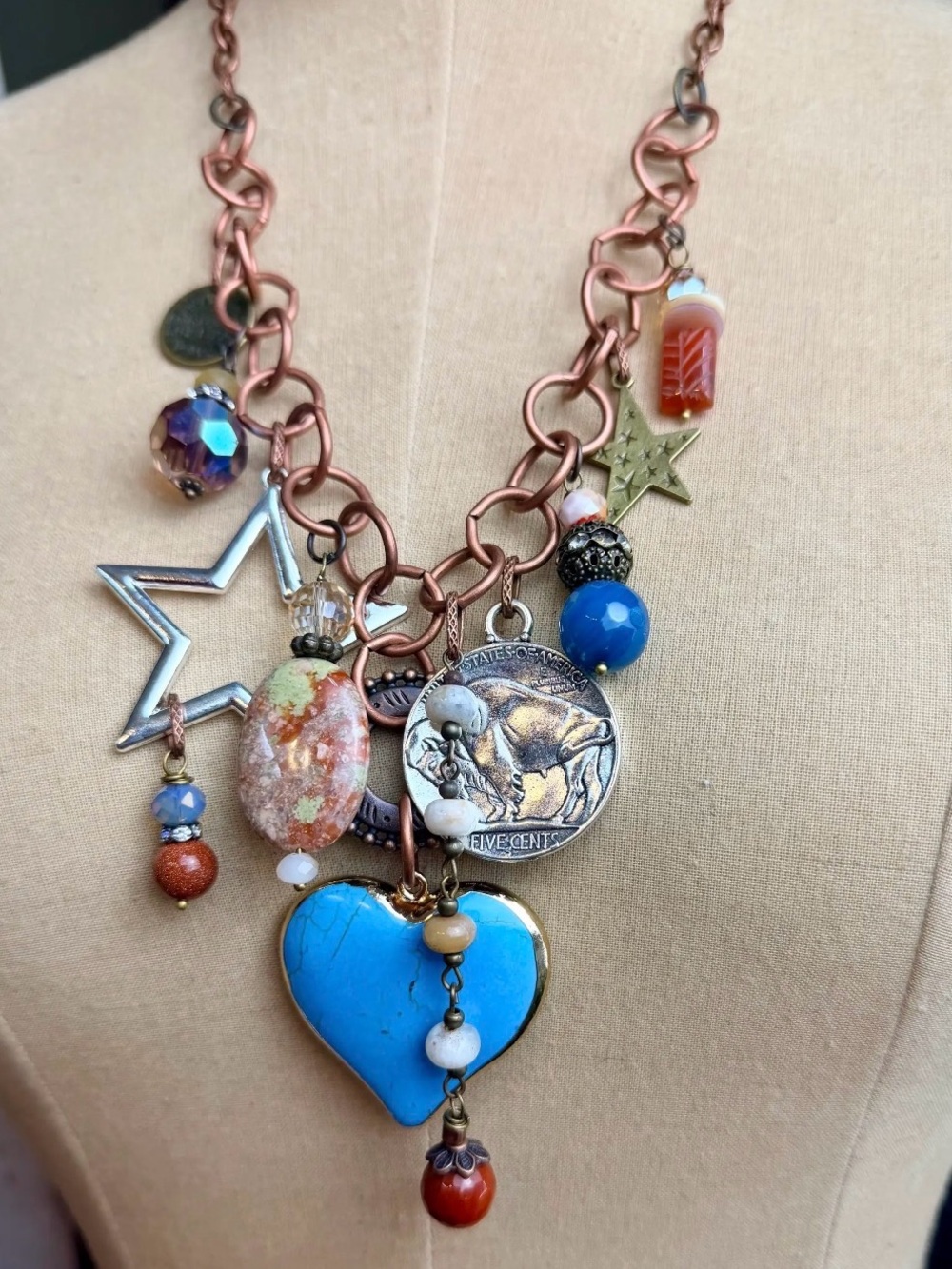 Gypsy Junk Copper Heart Boho Turquoise Heart Chunky Charm Necklace with Stars